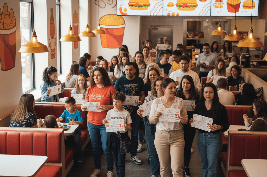 Wide-angle view of a busy fast-food venue with customers queued up for a special promotion under ambient lighting