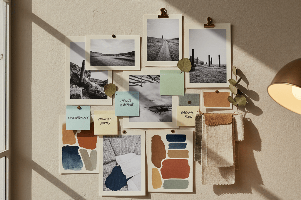 Close-up of an inspirational mood board with photos, notes, and swatches under natural and ambient light
