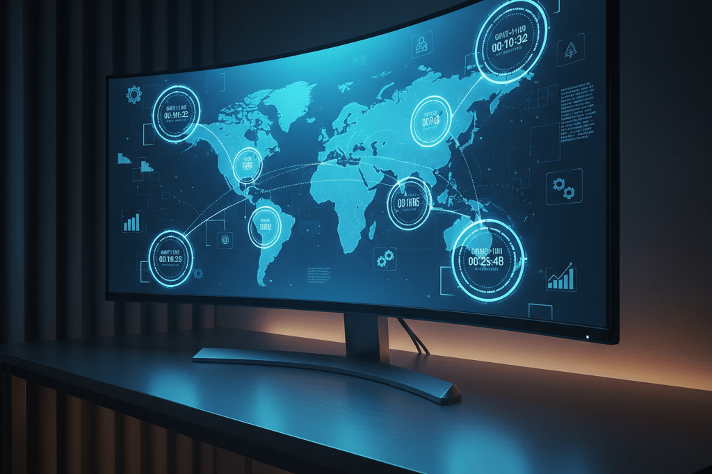 World map showing synchronized global launch timing strategy Glowing computer screen with digital map highlighting synchronized global launch times under ambient lighting