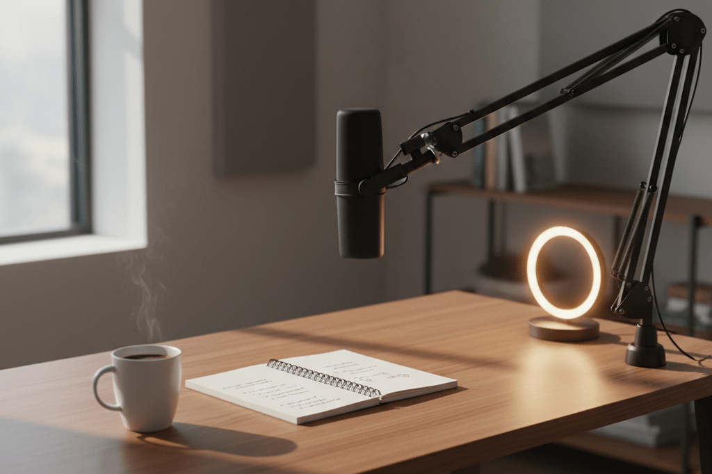 Professional podcast equipment including mic, notebook, and coffee on a stylish desk under warm ambient lighting