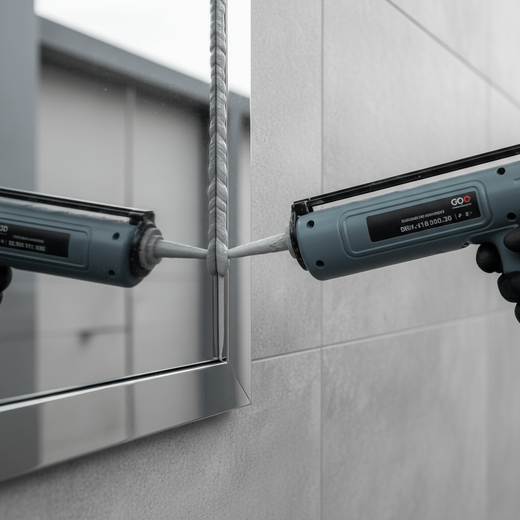 Cordless caulking gun applies precise epoxy bead to modern architectural panel.