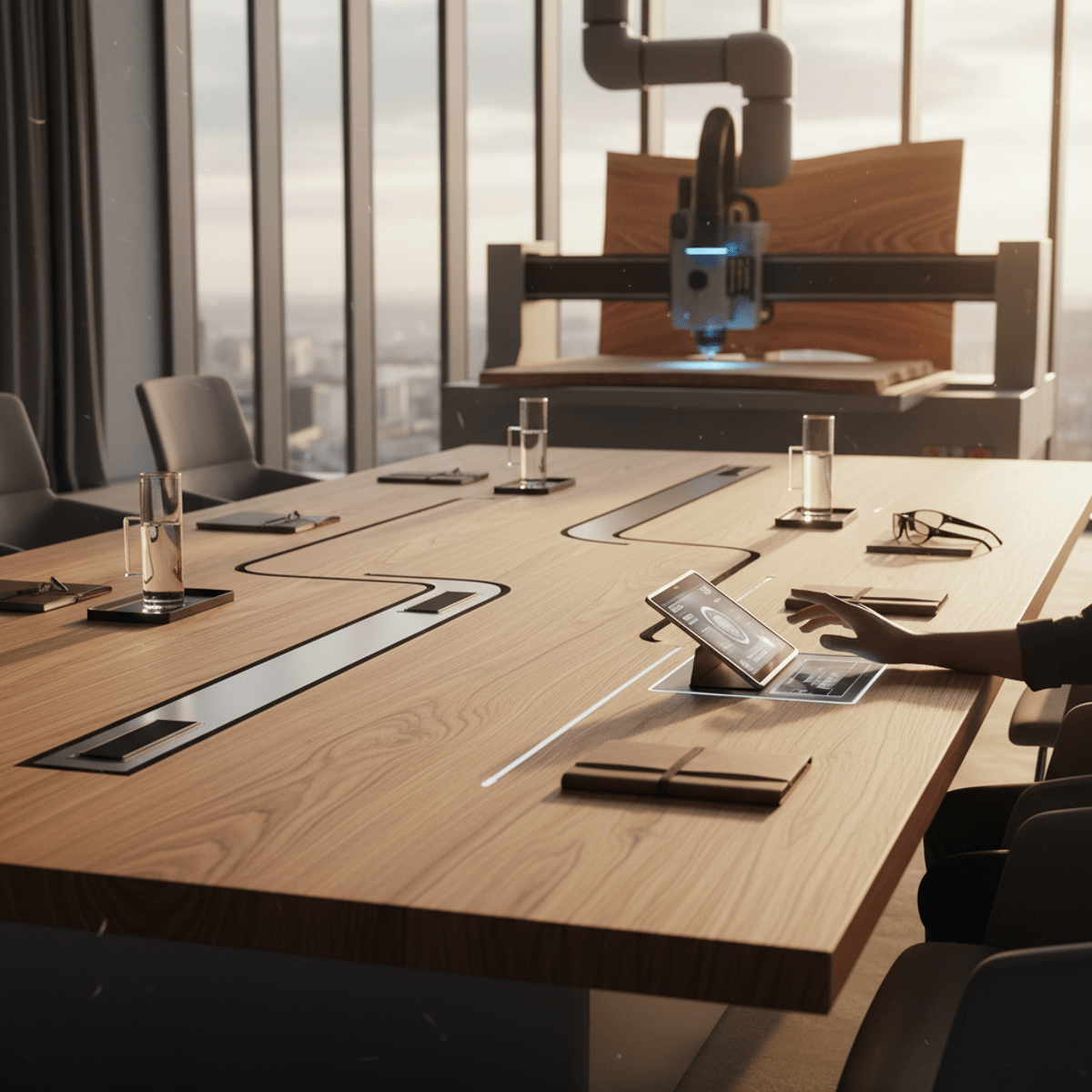 Luxury polished oak conference table with integrated smart technology.