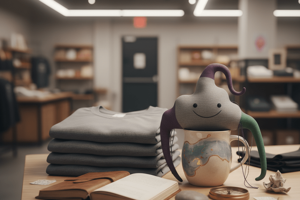 Strategic retail display evoking season finale narrative tension Generic merchandise arranged on a retail table under warm lights to mimic story cliffhanger emotion