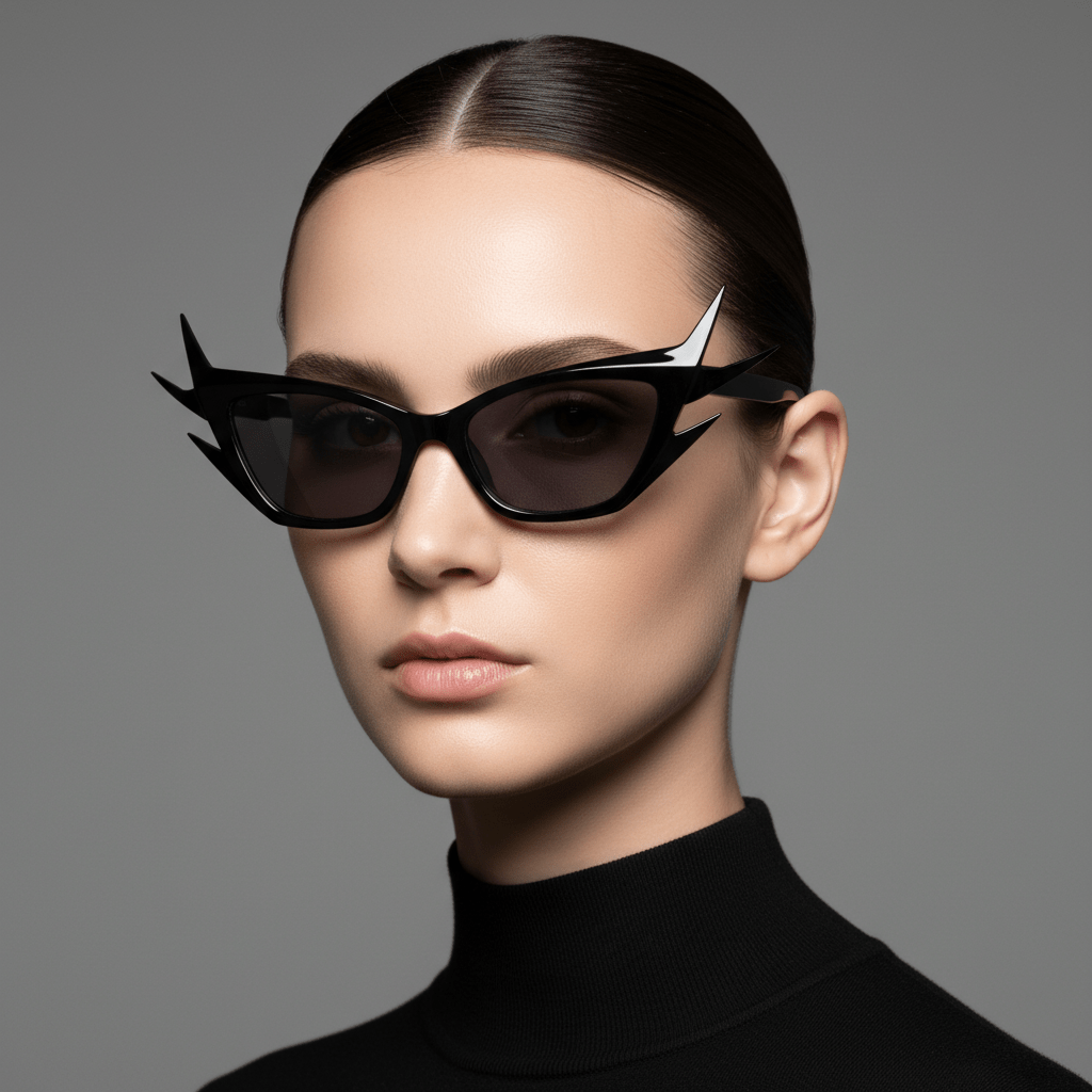 Model wearing futuristic cat-eye glasses with sharp angles and bold acetate frame.
