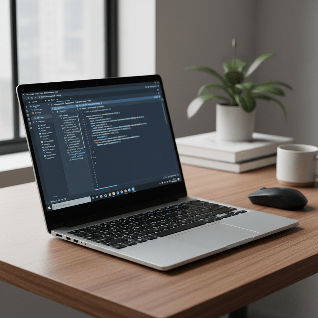 Sleek budget laptop on a wooden desk, anti-glare screen, backlit keyboard.