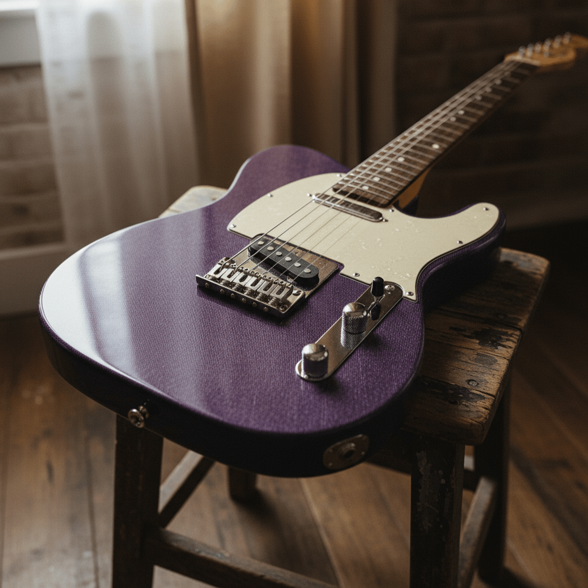 Close-up of a purple T-style guitar with satin finish on a vintage stool.