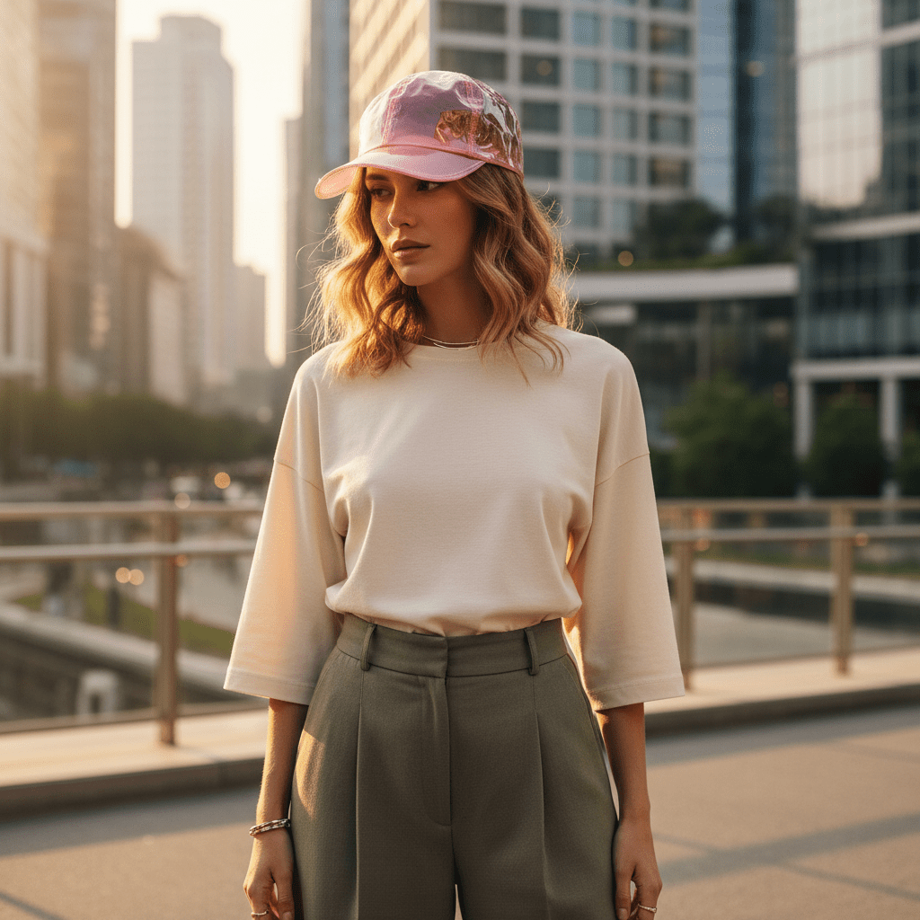Woman wearing a rose-tinted vinyl cap with styled hair in golden hour sunlight.