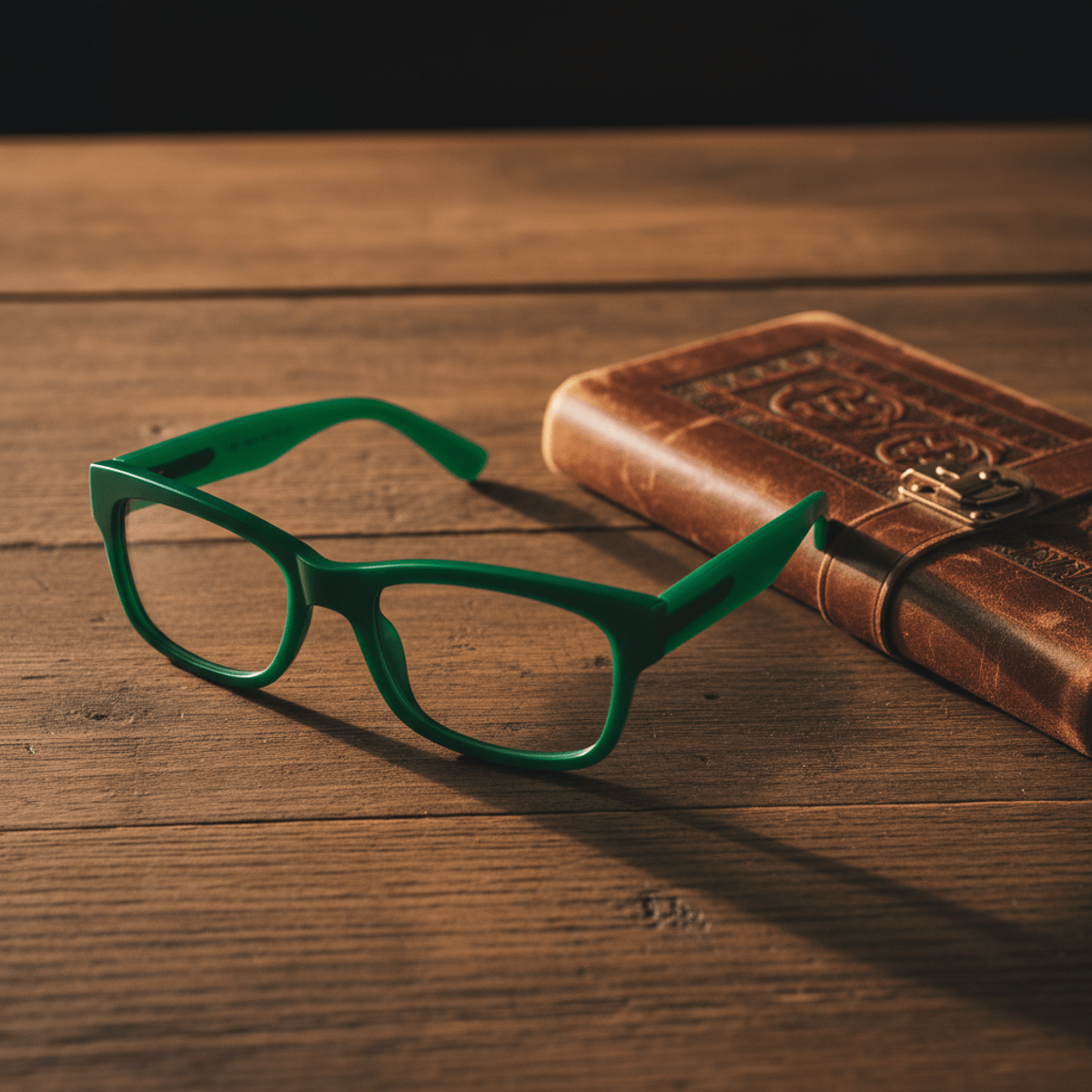 Emerald green Wayfarer glasses on a wooden desk with a vintage notebook.