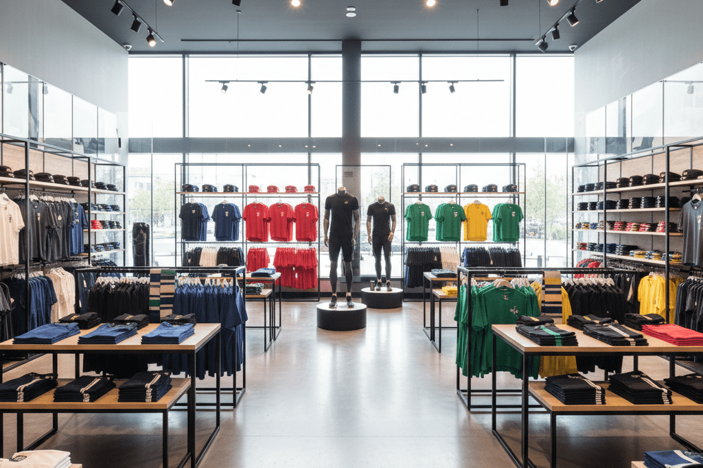 Wide shot of a sleek sports retail space showcasing organized shelves, jerseys, caps, and scarves in vibrant team colors under natural light