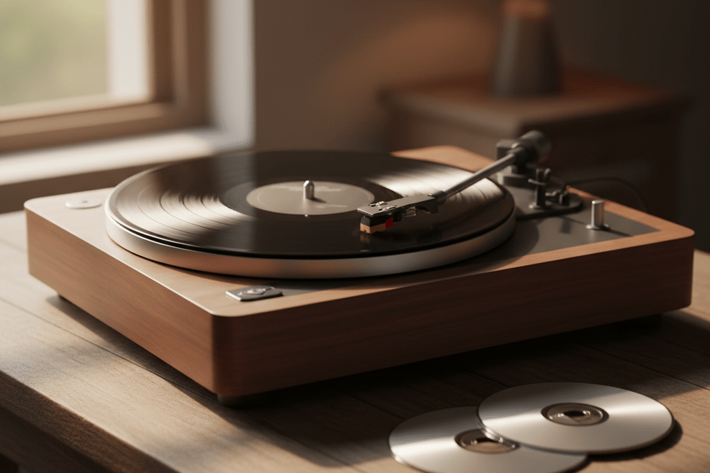 Close-up of a spinning vinyl record and stacked CDs under natural light, symbolizing comprehensive creative statements in music