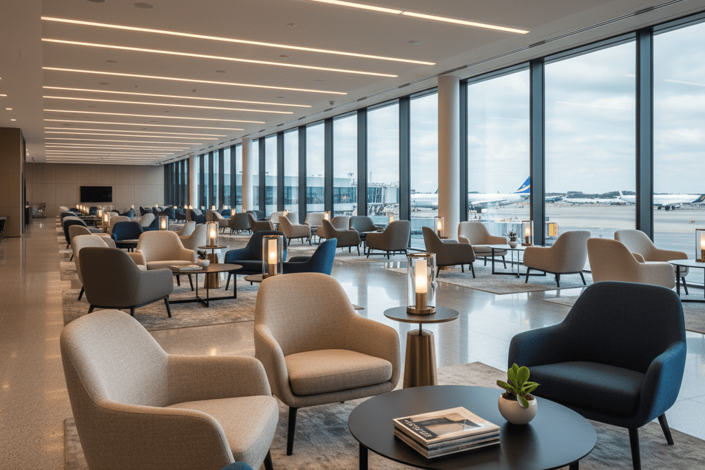 Empty upscale airport lounge with stylish furniture and warm ambient lighting, highlighting exclusivity and comfort