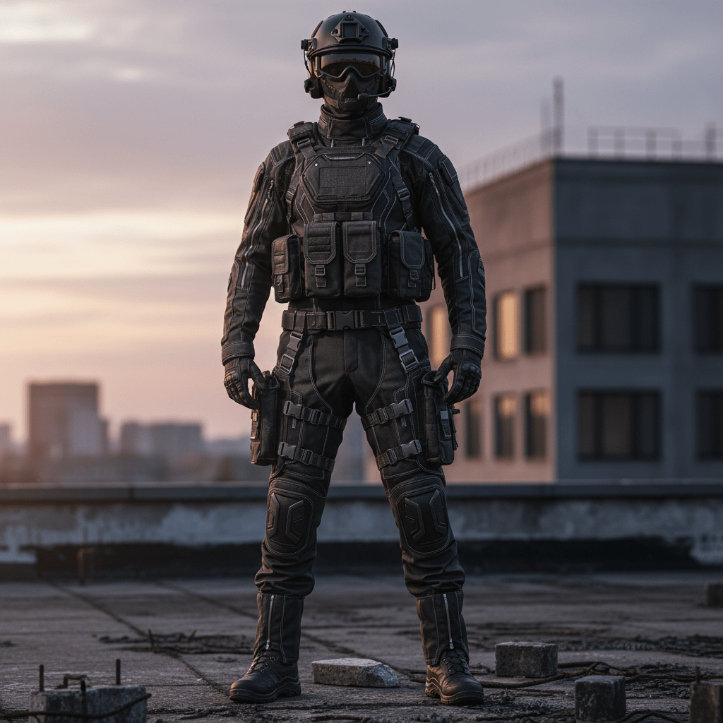 Futuristic urban exploration combat uniform with detachable features on a rooftop at dawn.