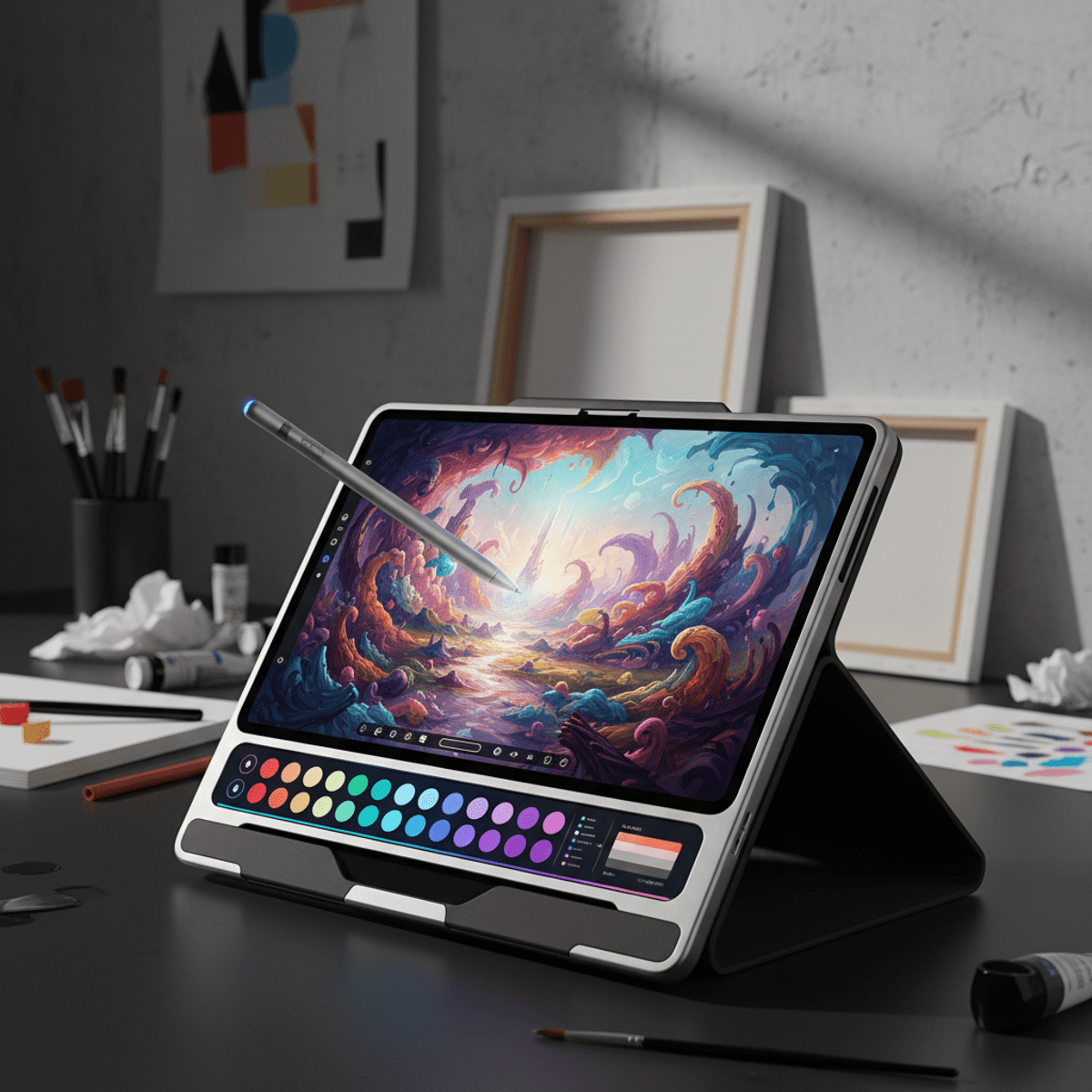 Folding tablet in easel stance displaying digital art on matte screen.