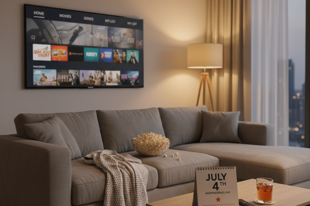 Cozy living room with a paused TV screen and July 4th calendar, symbolizing strategic episodic release timing