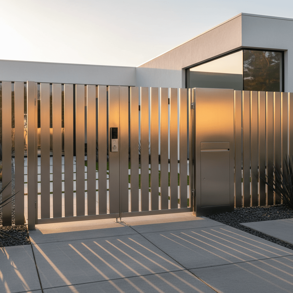 Contemporary smart main gate with brushed stainless steel and integrated intercom.