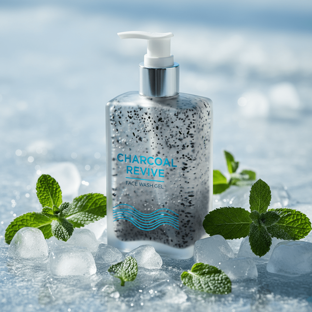 Close-up of charcoal face wash in frosted glass with icy blue accents on a frozen surface.