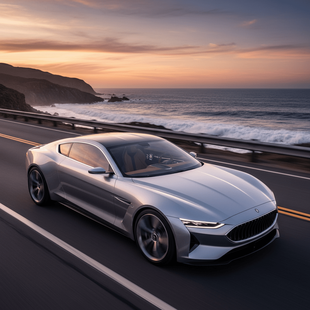 Sleek silver V12 grand tourer glides on coastal highway at dusk, ocean reflections.