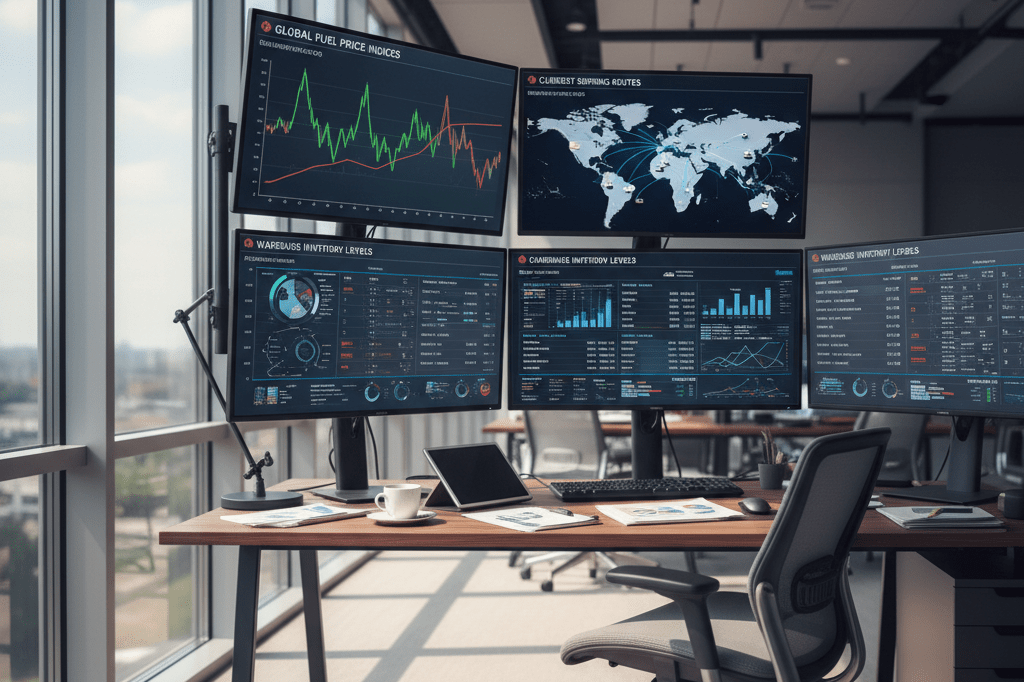 Control room with monitors showing fuel prices and shipping data, highlighting adaptive logistics solutions