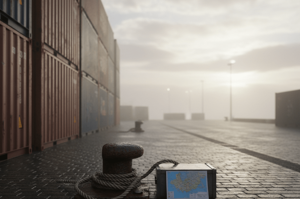 Medium shot of weathered shipping containers and maritime gear at an Azores island port at dawn, showing resilient post-storm logistics infrastructure