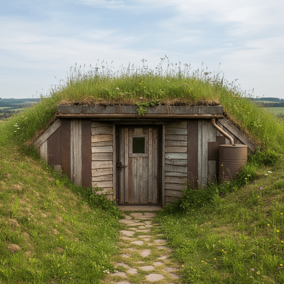 Affordable underground bunker camouflaged into a grassy hillside with a garden shed facade.