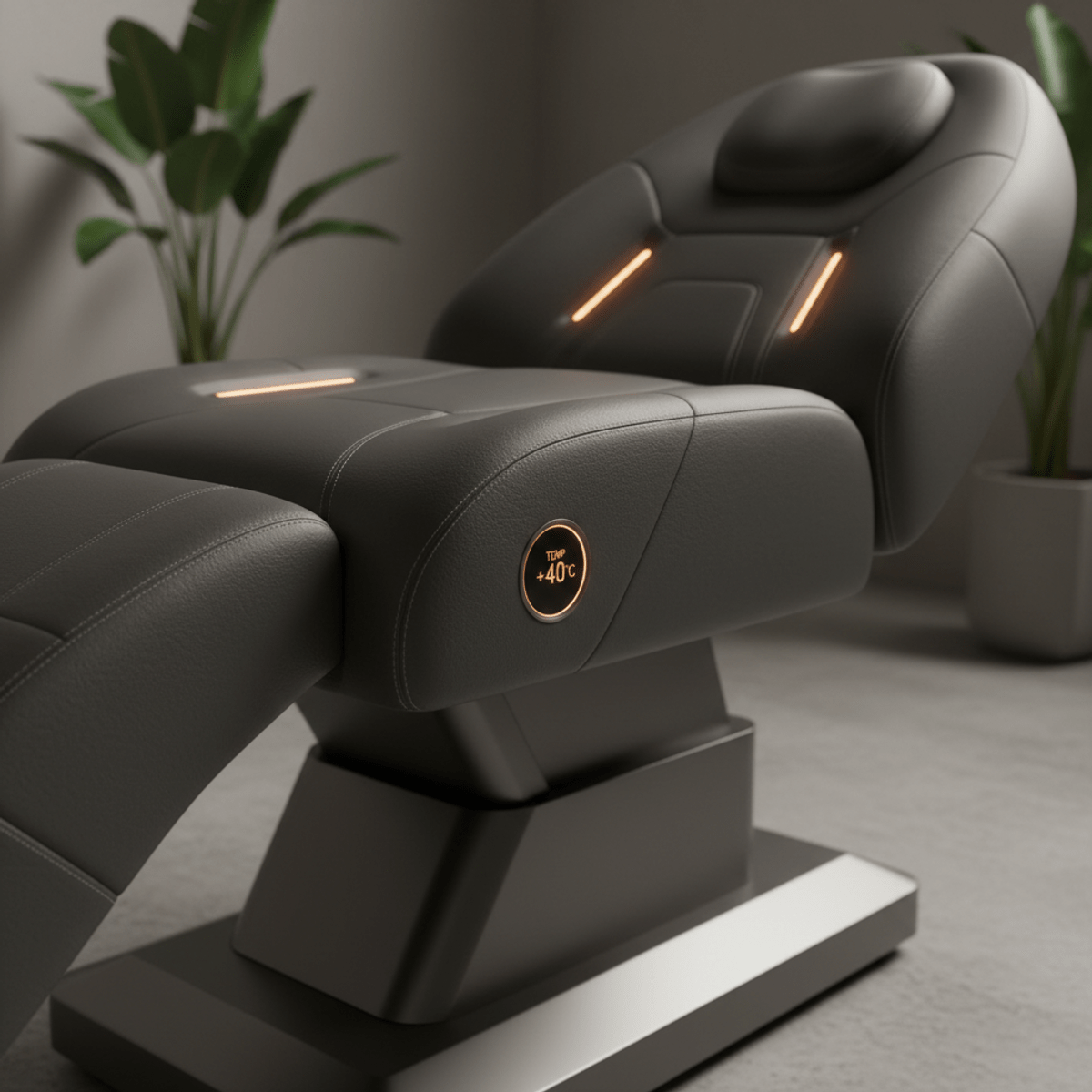 Close-up of a futuristic massage table with glowing amber heating zones and leather detail.