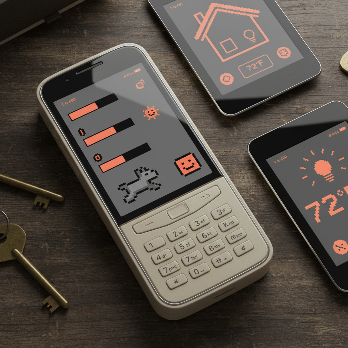 Retro phone with monochrome UI on a vintage desk, showing pixel art fitness progress.