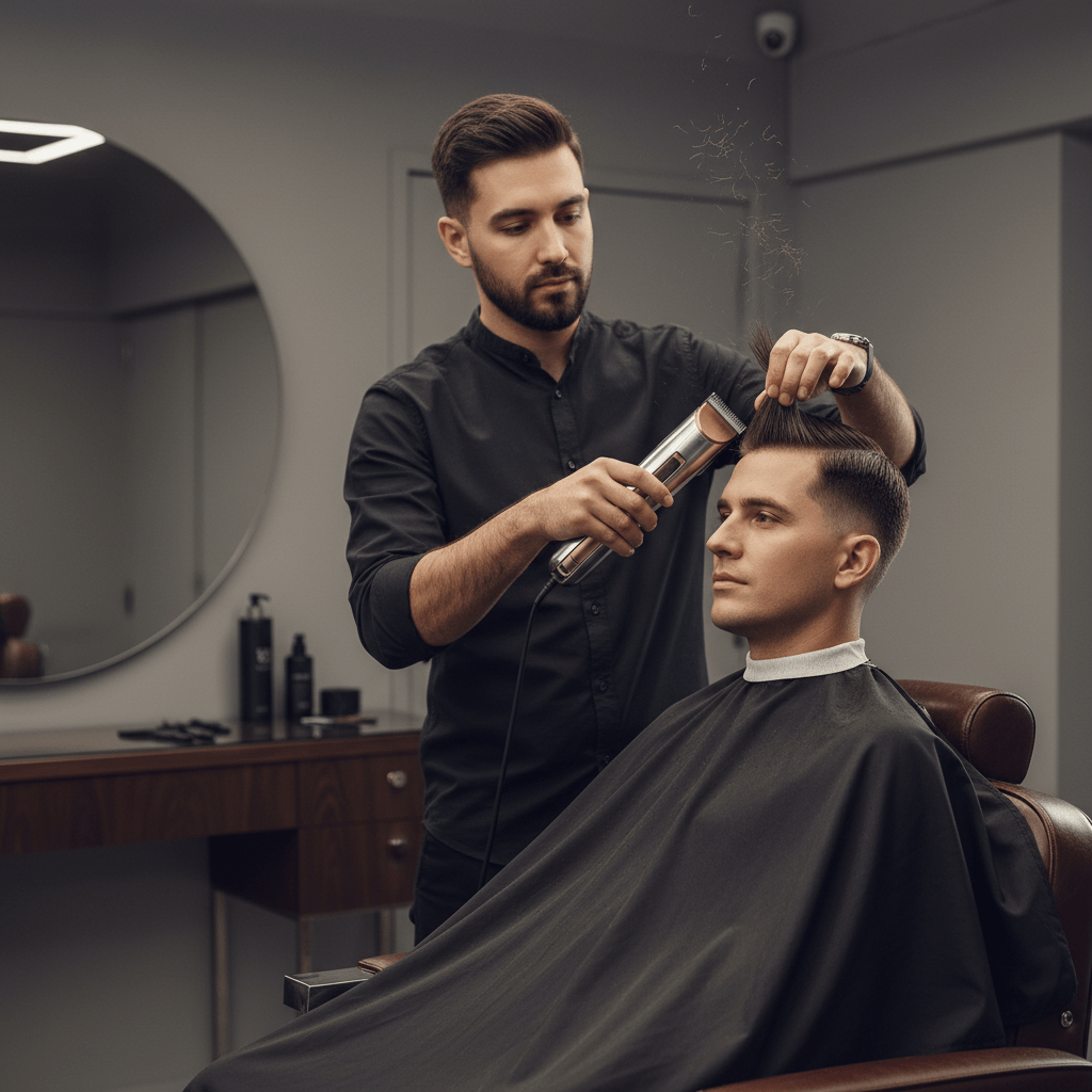 Barber expertly giving a client a precise fade with advanced clippers.