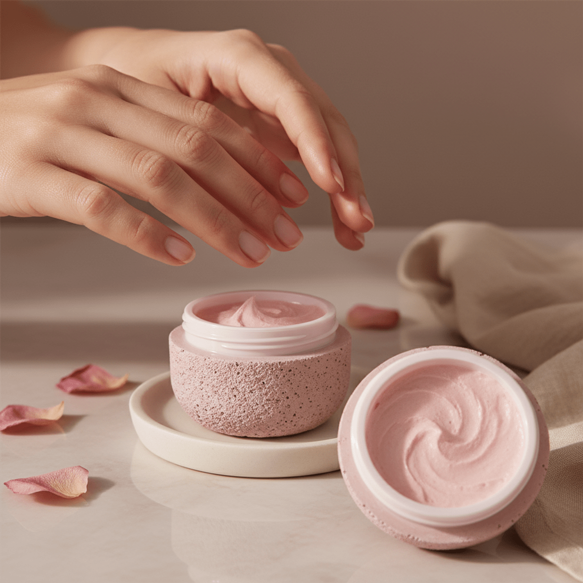 Whipped lip balm in concrete-effect pot. Open pink lip balm pot with concrete texture and whipped balm surface.
