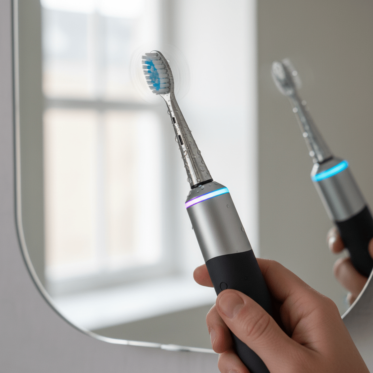 Person holding a high-tech vibrating toothbrush with a glowing LED ring.