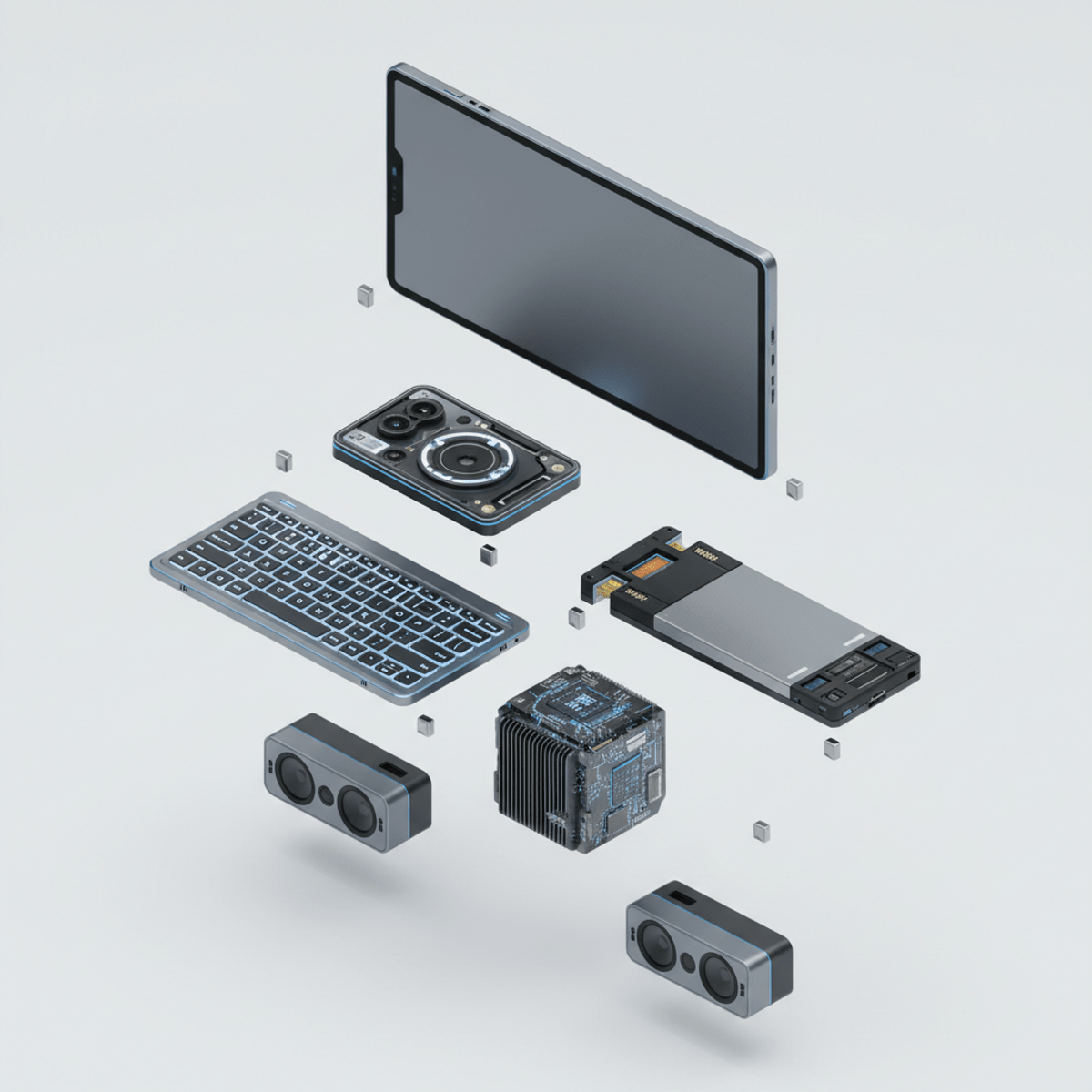 Exploded view of a futuristic modular tablet with detachable components and magnetic connectors.