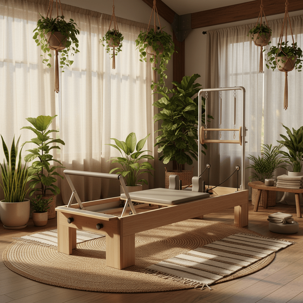 Eco-friendly pilates reformer made of bamboo and oak in a bright, plant-filled studio.