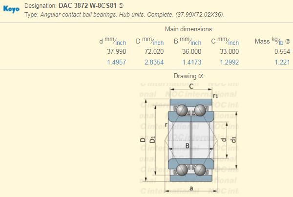 Шарикоподшипники контакта W-8CS81 подшипников колеса DAC KOYO 3872 угловые 38X72X36mm