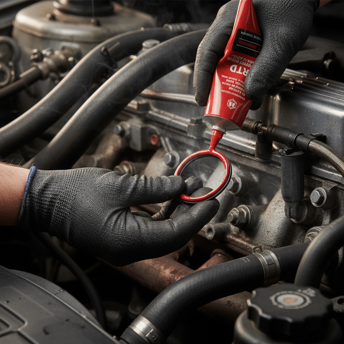 Mechanic applying red RTV silicone sealant to an O-ring in an engine bay.