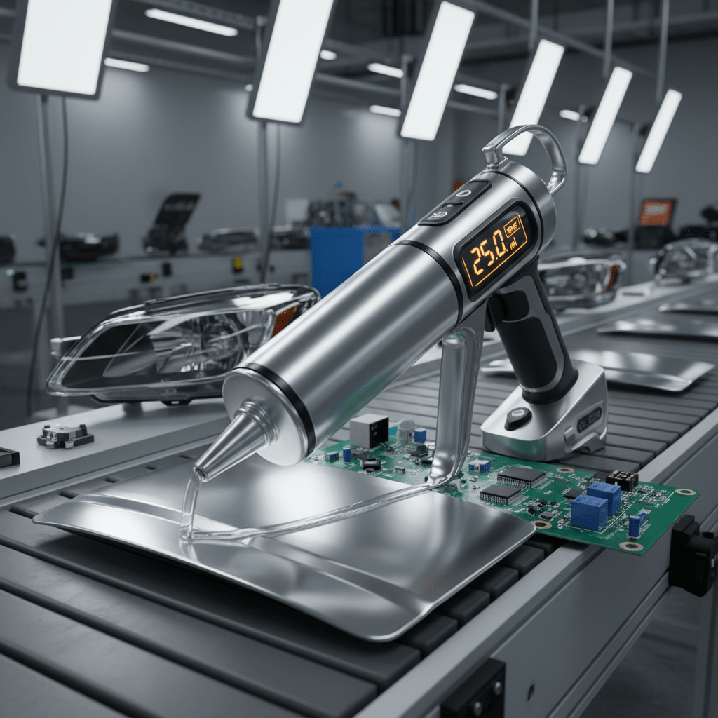 Sleek cordless caulking gun applies adhesive precisely on an industrial assembly line.