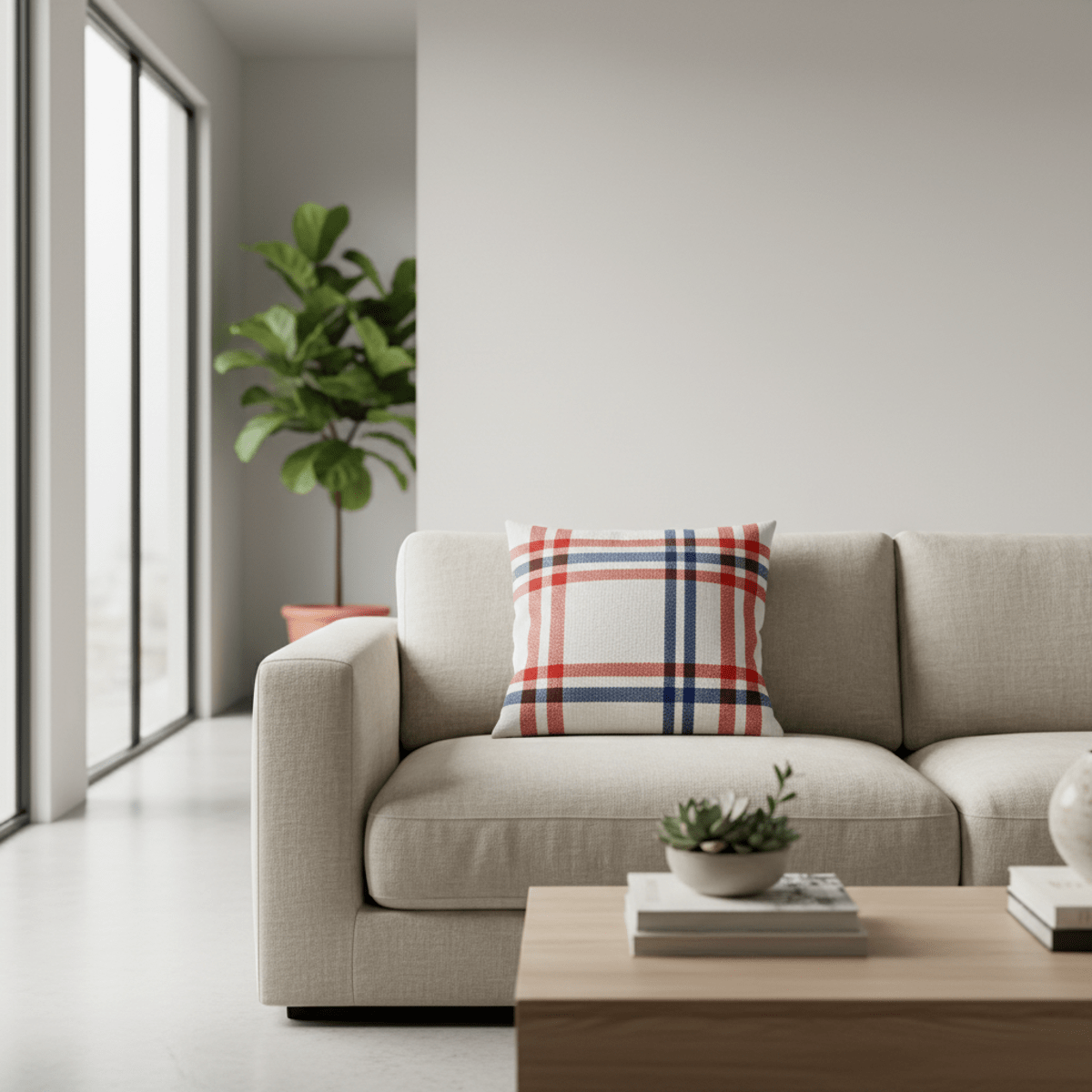 Serene contemporary living room with a plaid pillow on a beige sofa.