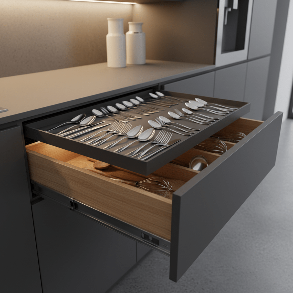 Hidden kitchen drawer storage with sliding tray revealing utensils and sleek charcoal cabinets.