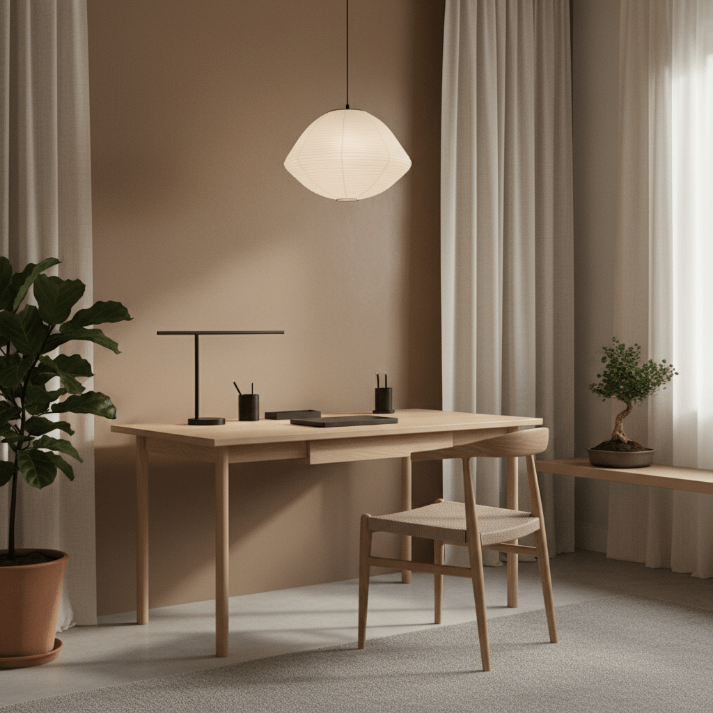 Serene Japandi home office with mushroom tan walls, light oak desk, and paper lantern.