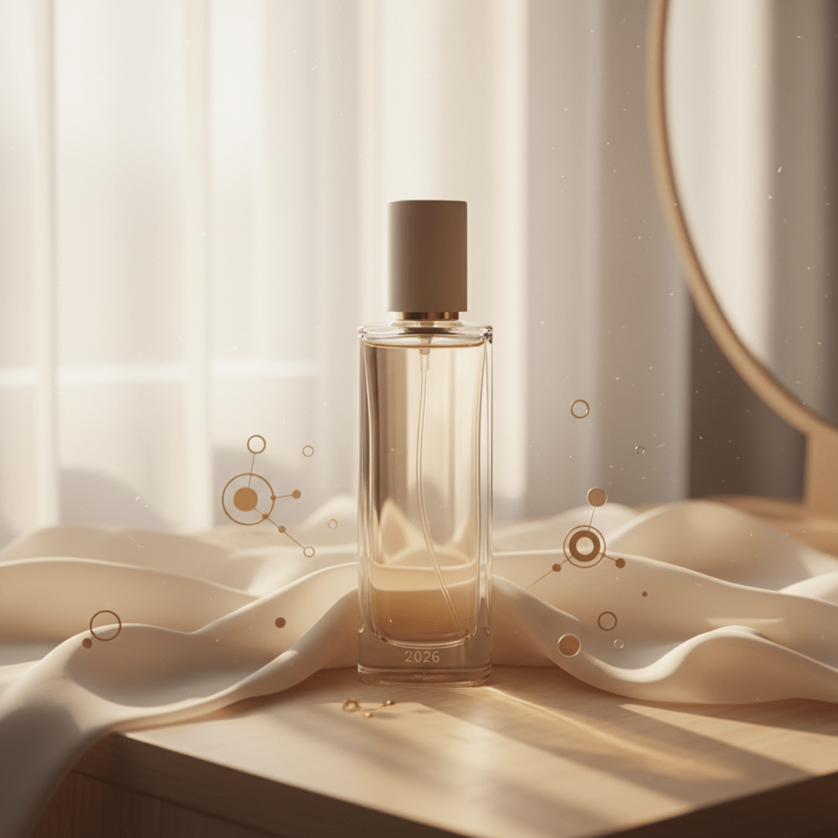 Minimalist cologne bottle on skin-tone fabric with aromatic molecules illustration.