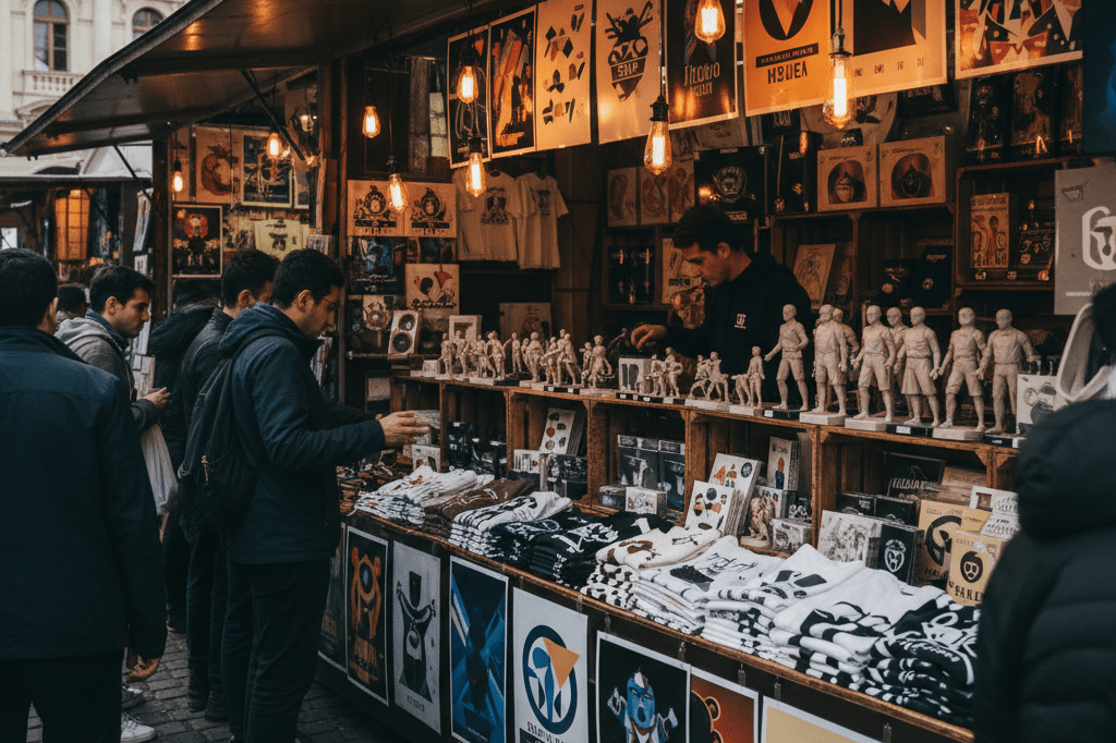 Wide shot of a busy marketplace stall filled with unbranded film-themed products under natural light, evoking business opportunities driven by cult films