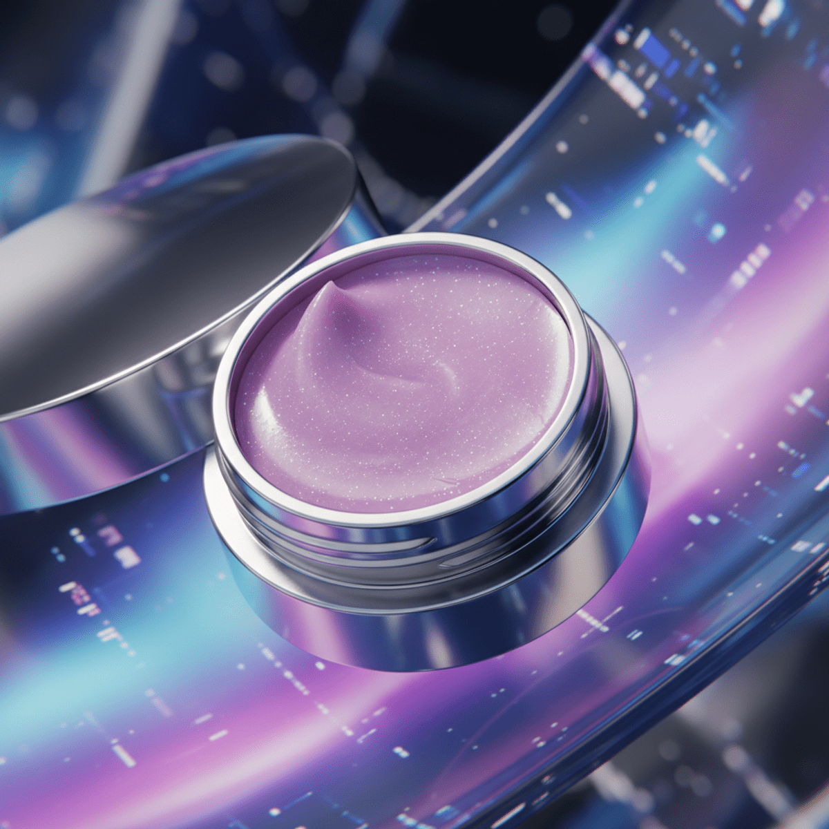 Futuristic pink lip balm with iridescent shimmer and holographic packaging. Close-up of open pink lip balm with cool lavender tint and micro-shimmer.