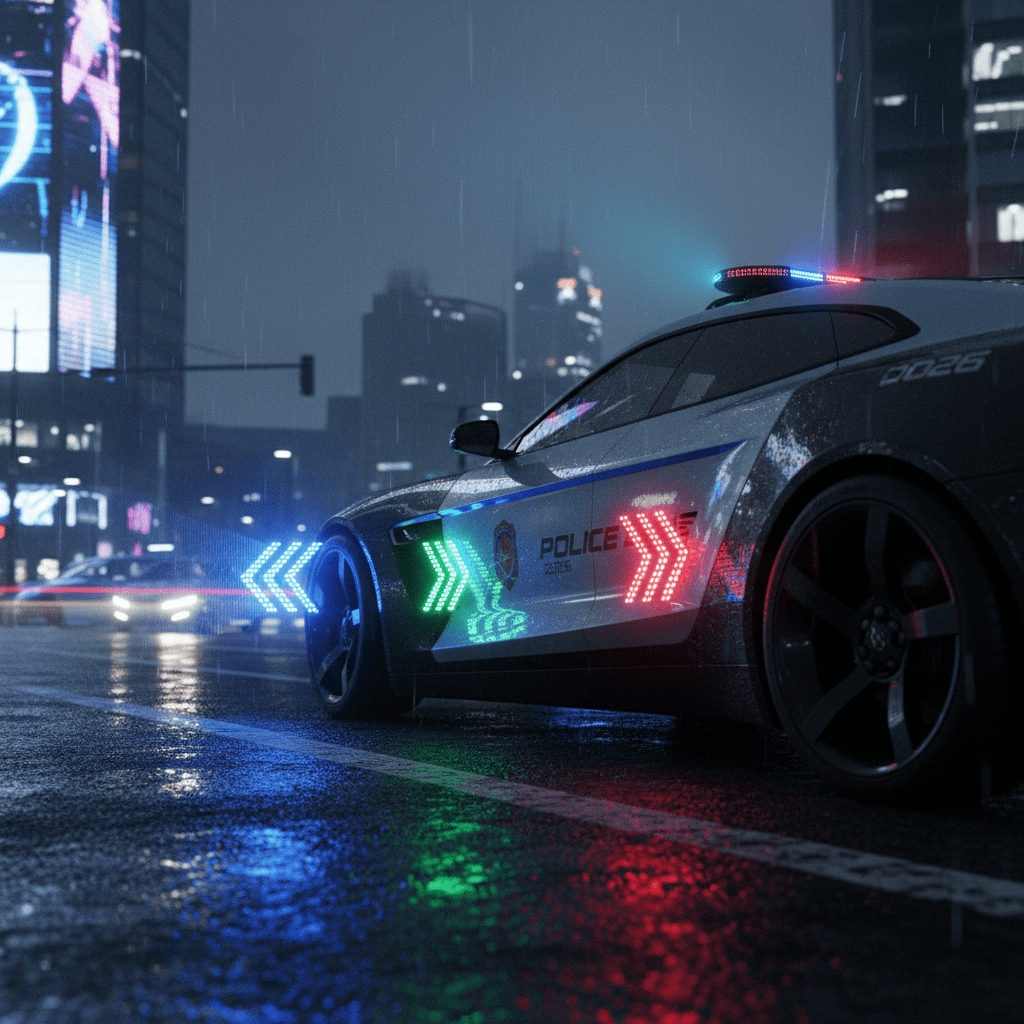 Futuristic police car with matrix mirror lighting at a wet urban intersection at night.