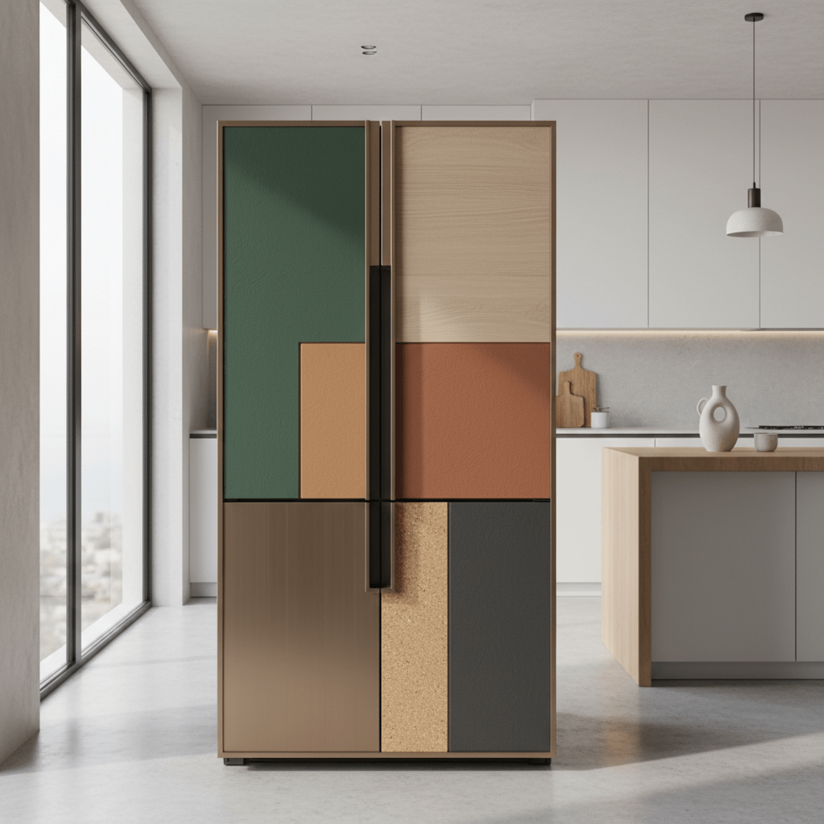 Modular refrigerator with bronze, oak, leather, and cork finishes in a modern kitchen.
