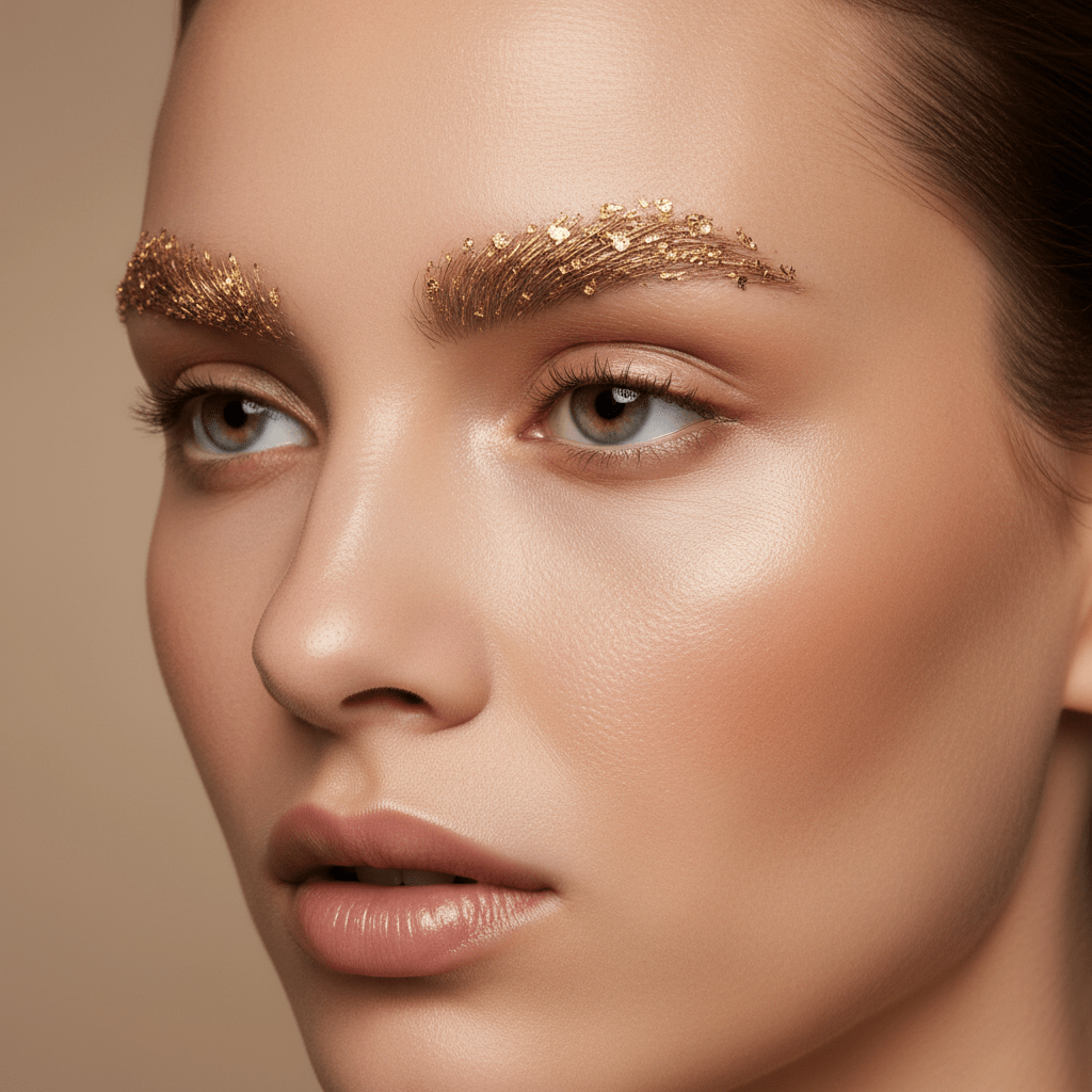 Model with precision eyebrows adorned with delicate gold leaf flecks and metallic texture.