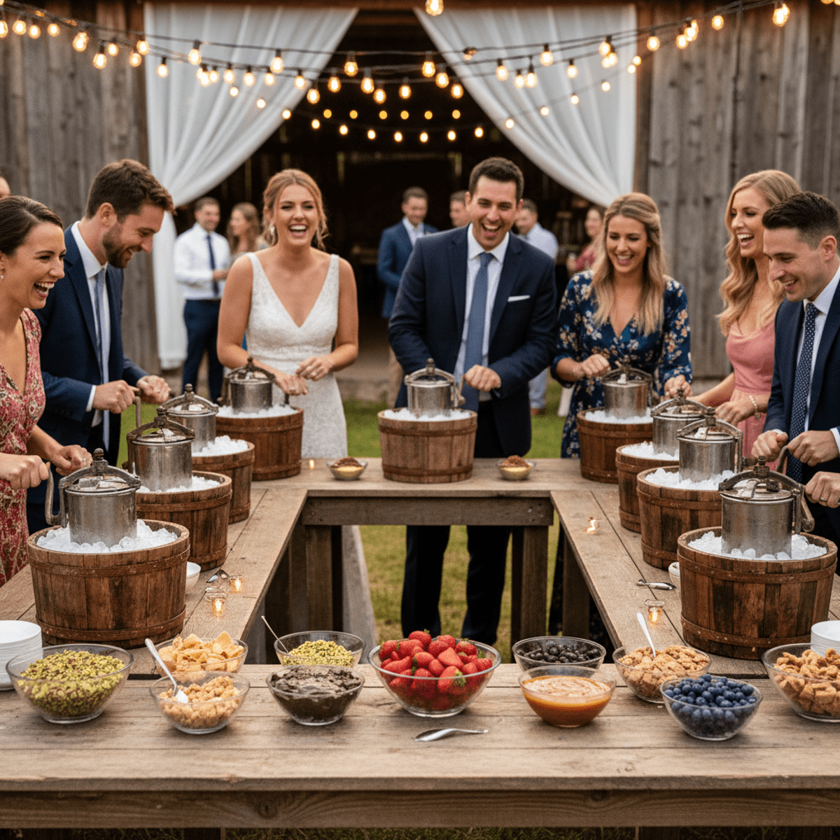 Rustic wedding dessert station with vintage ice cream makers and colorful toppings.
