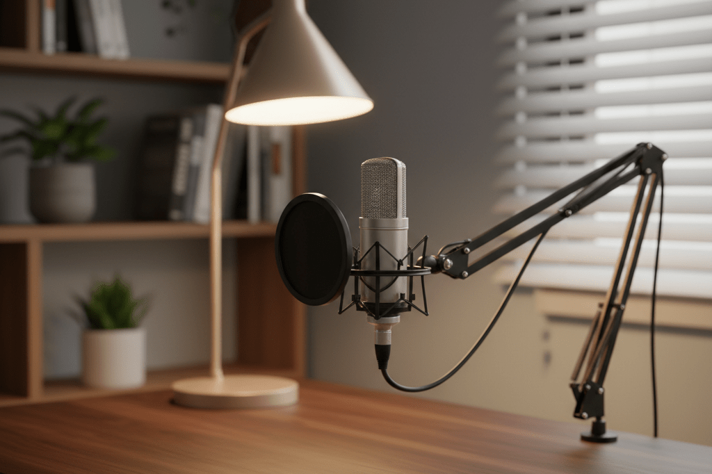 Warmly lit podcast studio with microphone and bookshelf, representing strategic opportunities in influencer marketing
