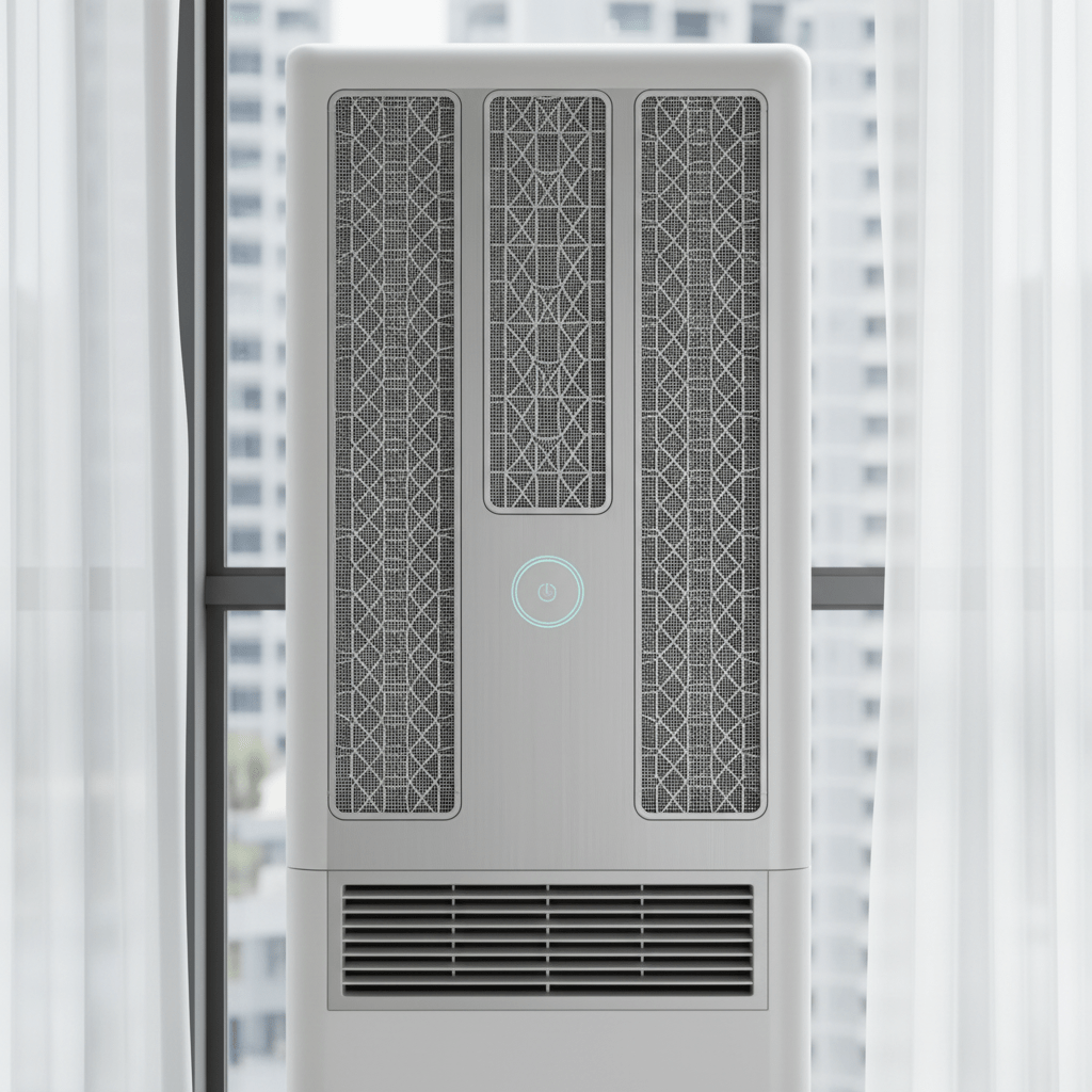 Sleek vertical air conditioner with HEPA filter in a modern urban apartment window.