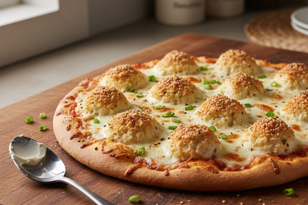 Medium shot of a freshly assembled crab rangoon pizza on a rustic wooden counter with natural lighting and no visible branding