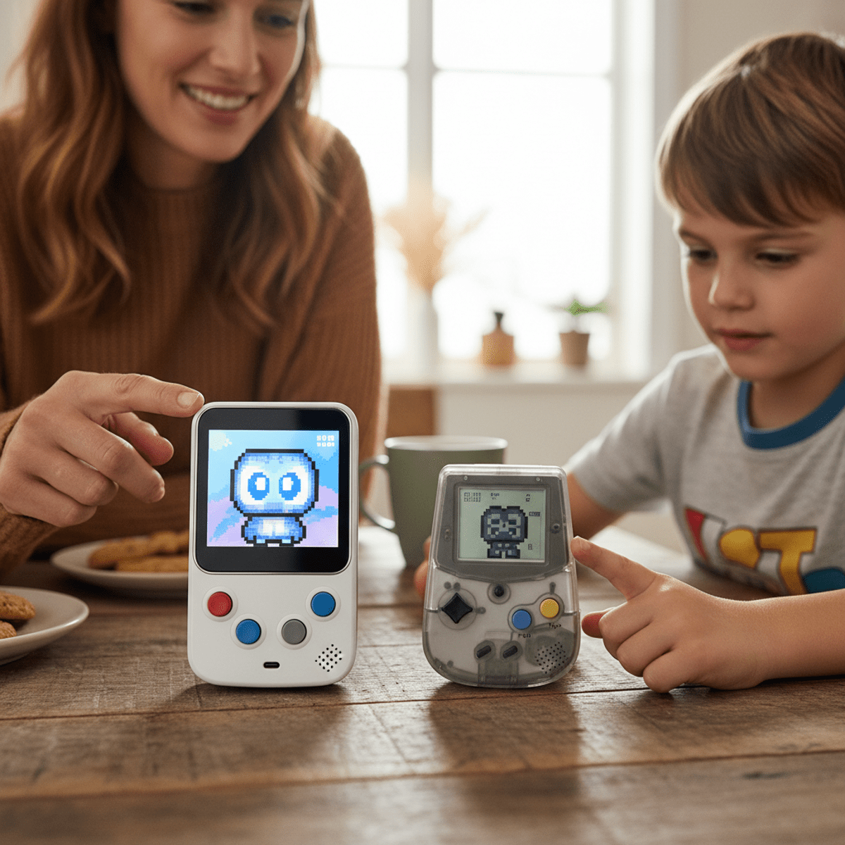 Modern digital pet device beside original pixelated version, showing toy evolution.