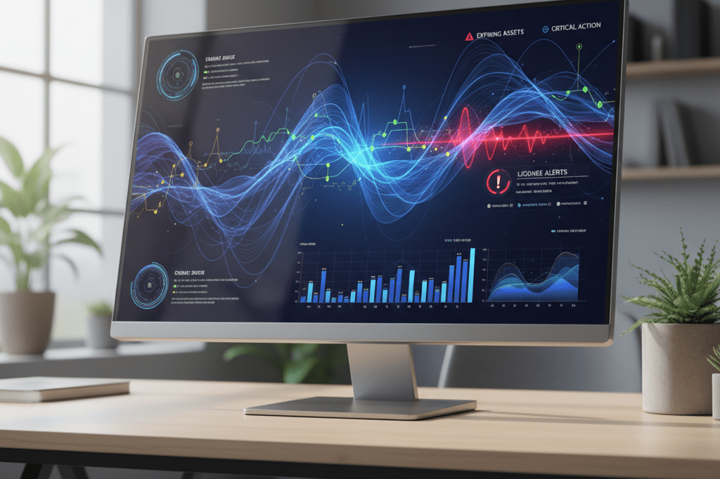 Close-up of a data dashboard showing content expiration warnings under soft ambient office lighting
