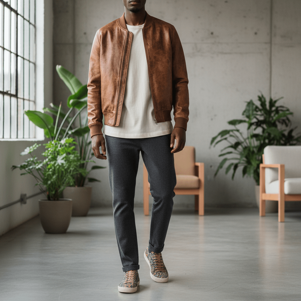 Model in cactus leather jacket and recycled trousers in minimalist studio.